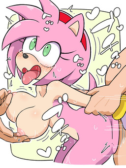 accessory ahegao anthro big_breasts blush bodily_fluids bracelet breasts clothing doggystyle erect_nipples female from_behind_position gloves green_eyes group hair_accessory hairband handwear heart_symbol jewelry looking_pleasured male nipples nude nude_female open_mouth pink_body pink_nipples pulling_arms saliva sex sweat sweaty_breasts sweaty_legs sweaty_thighs tail tan_body tan_skin tears text tongue tongue_out trio ketsumo_town sega sonic_the_hedgehog_(series) amy_rose eulipotyphlan hedgehog human mammal 3:4 censored hi_res japanese_text mosaic_censorship