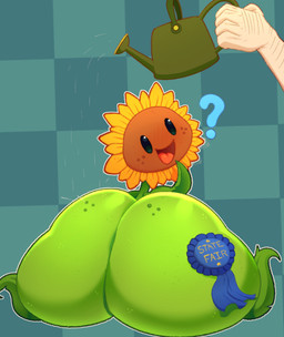 arm_hair award award_ribbon big_butt black_eyes body_hair brown_face butt female flower freckled_butt freckled_face freckles glistening glistening_eyes green_body huge_butt humanoid_hands hyper hyper_butt leaf leaf_arms light_body light_skin looking_at_viewer looking_back looking_back_at_viewer noseless oblivious open_mouth orange_tongue petals plant question_mark rear_view sitting sunflower tongue water watering_can yellow_petals flashfigure electronic_arts plants_vs._zombies popcap_games elemental_creature flora_fauna flower_creature sunflower_(pvz) 2025 absurd_res hi_res