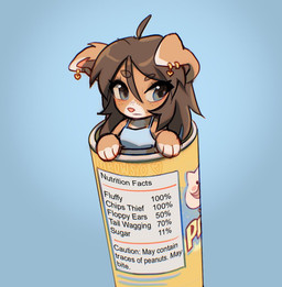 ahoge anthro blue_eyes breasts brown_hair chibi clothed clothed_anthro clothed_female clothing ear_piercing female female_anthro floppy_ears freckles fur hair long_hair paws piercing solo tan_body tan_fur text topwear white_body white_fur meowsio pringles canid canine canis domestic_dog mammal 2025 digital_media_(artwork) english_text