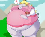 anthro apple belly big_belly big_breasts blonde_hair blue_eyes breasts clothing dress elephant_fruit elephant_tail exclamation_point eyelashes female food fruit gold_crown grey_body grey_skin hair huge_breasts overweight overweight_anthro panties plant power-up proboscis_(anatomy) slightly_chubby slightly_chubby_female solo thick_thighs torn_clothing torn_dress trunk_(anatomy) underwear weight_gain wide_hips amami_317 mario_bros nintendo super_mario_bros_wonder elephant_peach princess_peach elephant elephantid mammal proboscidean hi_res