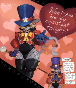 anthro belly big_belly blue_clothing blue_gloves blue_handwear blue_hat blue_headwear blue_top_hat blush boots bow_ribbon bulge clothed clothing crossdressing dialogue ear_piercing ear_ring fangs femboy fishnet_clothing fishnet_legwear footwear gloves hair handwear hankerchief hat headgear headwear jacket legwear male multicolored_hair navel piercing ring_piercing shoes solo speech_bubble staff teeth text thick_thighs thigh_boots thigh_highs top_hat topwear two_tone_hair yellow_bow pajamamcham jaspar_(pajamamcham) domestic_cat felid feline felis mammal 2024 absurd_res english_text hi_res