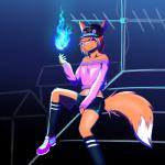 anthro bottomwear clothed clothing femboy fire footwear fur hat headgear headwear kitsunebi legwear magic male night rooftop shoes shorts sneakers socks sweater topwear foxtrap teru canid canine fox mammal 1:1 hi_res