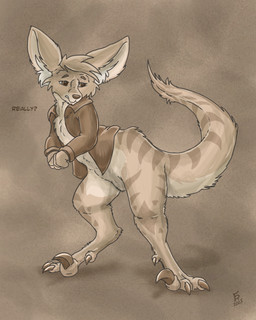 anthro brown_eyes claws clothed clothing inner_ear_fluff jacket male open_clothing open_jacket open_topwear sickle_claw simple_background solo split_form tail text toe_claws topwear tuft flinters beartp canid canine dinosaur fennec_fox fox mammal prehistoric_species reptile scalie true_fox 2025 4:5 english_text hi_res