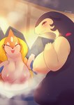 anthro areola big_breasts blush breasts duo female fur looking_at_viewer nipples nude pink_areola pink_nipples smile tan_areola tan_nipples ukenya nintendo pokemon pokemon_legends_arceus floatzel generation_4_pokemon generation_8_pokemon hisuian_form hisuian_typhlosion mammal mustelid pokemon_(species) regional_form_(pokemon) hi_res