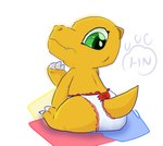 agumon ambiguous_gender anthro baby bandai_namco clothed clothing diaper digimon digimon_(species) dinosaur fur hangyakuneko hi_res padded padding reptile scalie solo wearing_diaper young young_anthro