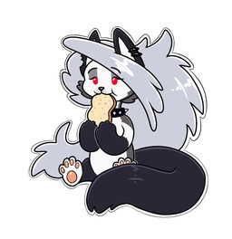 anthro bread collar ear_piercing ear_ring eating female food fur grey_hair hair neonate pawpads paws piercing red_eyes ring_piercing simple_background spiked_collar spikes white_background white_body white_fur young skeletalheart hellaverse helluva_boss mythology loona_(helluva_boss) canid canid_demon canine demon hellhound mammal mythological_canine mythological_creature