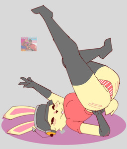 anthro blush clothing electronics female headphones legs_up legwear panties red_clothing red_shirt red_t-shirt red_topwear shirt solo stockings t-shirt topwear underwear natnutyz team_fortress_2 valve lucy_(usernamecipher) scout_(team_fortress_2) lagomorph leporid mammal rabbit