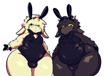 anthro belly big_belly black_body black_bow_tie black_clothing black_fur black_leotard black_skin black_wool bow_tie bulge bunny_costume clothing costume duo fake_ears fake_rabbit_ears fur hand_on_butt hand_on_own_butt hoof_hands horn leotard looking_at_viewer looking_down looking_down_at_viewer low-angle_view male simple_background thick_thighs white_background white_body white_fur white_skin white_wool wool_(fur) yellow_sclera astonarts nil_(astonarts) null_(astonarts) bovid caprine mammal sheep 2026 hi_res