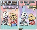 2_panel_comic 4_fingers abstract_background aloha_shirt annoyed anthro blush blush_stickers clasped_hands clothing crossed_arms duo eyelashes eyes_closed fingers fur grin male open_mouth open_smile overalls pattern_clothing pattern_shirt pattern_topwear purple_eyes shirt smile teeth text tooth_gap topwear white_body white_fur yellow_body yellow_fur rawdawgcomics rawdawgcomics_(series) canid canine canis domestic_dog lagomorph leporid mammal rabbit 2025 artist_name comic digital_media_(artwork)