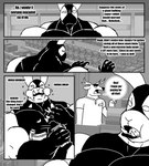 absurd_res anthro big_muscles big_pecs clothing comic deer duo eating english_text hi_res horn huge_muscles huge_pecs hyper hyper_muscles lagomorph larger_male leporid lips long_ears male mammal mask monochrome muscular muscular_anthro muscular_arms muscular_male parttimeyeen_(artist) pecs rabbit sharp_teeth size_difference smaller_male suit teeth text thick_bottom_lip tight_clothing tristen_(parttimeyeen)