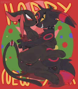 accessory anus black_anus black_body black_fur black_pawpads bodily_fluids breasts butt collar collar_only duo ear_piercing female female/female feral feral_on_feral fur furgonomics genital_fluids genitals hand_on_breast holidays hug hugging_another humanoid_genitalia leg_on_thigh looking_at_viewer nude pawpads piercing presenting presenting_hindquarters red_body red_fur red_sclera red_vulva sharp_teeth smile smiling_at_viewer spikes spikes_(anatomy) tail tail_accessory tail_collar teeth vaginal_fluids vulva yellow_sclera shieshuqqq new_year nintendo pokemon fan_character molly_(shieshuqqq) eeveelution espeon generation_2_pokemon pokemon_(species) umbreon hi_res