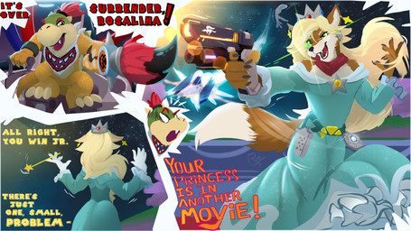 anthro claws clothed clothing crossdressing crown dialogue duo ear_piercing ear_ring fur gloves gun hair handwear headgear holding_object holding_weapon male open_mouth piercing ranged_weapon ring_piercing scarf shell tail text toe_claws wand weapon roxlyde mario_bros nintendo star_fox super_mario_galaxy bowser_jr. fox_mccloud rosalina_(mario) canid canine fox koopa mammal scalie 16:9 absurd_res english_text hi_res widescreen