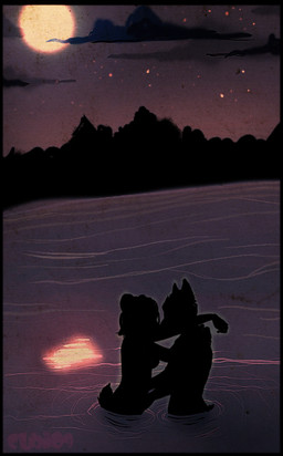 anthro breasts dark detailed_background duo female half_submerged kissing light love male male/female moon moonlight night outside partially_submerged romantic romantic_ambiance romantic_couple side_boob silhouette sky star starry_sky sunset water cubi mammal unknown_species 2009 dark_theme restricted_palette