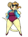 anthro breasts cleavage clothed clothing eyewear female footwear hair high_heels orange_hair red_eyes shoes slightly_chubby slightly_chubby_female solo sunglasses swimwear tail towel unknown_artist rivals_of_aether pomme_(rivals_of_aether) mammal mouse murid murine rodent hi_res