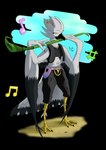 anthro black_body black_feathers claws clothing feathers female flute gold_(metal) happy musical_instrument solo white_body white_feathers wind_instrument woodwind_instrument youmadsin avian bird absurd_res alpha_channel hi_res