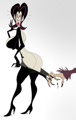 big_breasts black_hair blue_eyes boots breasts butt clothed clothing disembodied_hand duo fangs female footwear hair high_heeled_boots high_heels humanoid_pointy_ears lipstick looking_back makeup mature_female multicolored_hair open_mouth partially_clothed pink_hair pointy_ears sharp_teeth shoes simple_background solo_focus surprised teeth torn_clothing two_tone_hair slb mythology geraldine_ruthmillen luna_howlsman canid canine humanoid mammal mythological_canine mythological_creature vampire werecanid werecanine werecreature werewolf absurd_res digital_media_(artwork) hi_res