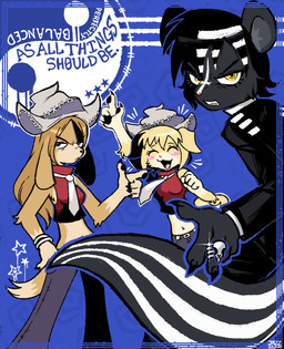 abstract_background alternate_species alternative_fashion anthro black_clothing black_hair black_suit blonde_hair blush blush_stickers bottomwear bracelet breasts brown_hair button_ears cheek_tuft clenched_teeth clothed clothed_anthro clothed_female clothed_male clothing countershading crop_top denim denim_bottomwear denim_clothing duo eyes_closed facial_tuft female female_anthro floppy_ears frown fully_clothed fully_clothed_anthro fully_clothed_female fully_clothed_male fur furrification goth grey_body grey_clothing grey_fur grey_hat grey_headwear hair hat headgear headwear jeans jewelry male male_anthro multicolored_body multicolored_fur navel necktie open_mouth open_smile pants purple_bottomwear purple_clothing purple_jeans purple_pants raised_arm red_clothing red_crop_top red_shirt red_topwear ring shirt silver_ring smile striped_hair suit tan_body tan_countershading tan_fur teeth topwear tuft two_tone_body two_tone_fur two_tone_tail unimpressed white_body white_fur white_hair white_necktie yellow_eyes chatoyancy soul_eater death_the_kid elizabeth_thompson patricia_thompson canid canine canis domestic_dog mammal mephitid skunk 2024 digital_drawing_(artwork) digital_media_(artwork) hi_res portrait three-quarter_portrait