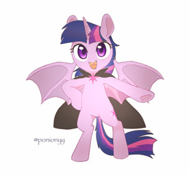 cape clothing fangs female feral hooves horn looking_at_viewer open_mouth simple_background smile solo teeth underhoof wings ponionyy friendship_is_magic hasbro my_little_pony mythology twilight_sparkle_(mlp) bat_pony equid equine mammal mythological_creature mythological_equine winged_unicorn hi_res