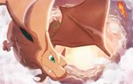 ambiguous_gender claws cloud day fire flying green_eyes membrane_(anatomy) membranous_wings solo sun wings seyanaillust nintendo pokemon charizard generation_1_pokemon pokemon_(species) 2020