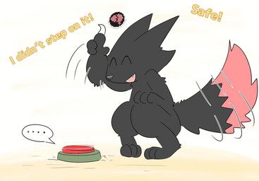 anthro black_body black_fur claws digitigrade explosive_mines explosives feet fingers fluffy fluffy_tail fur open_mouth solo tail teeth text toes wounded mttbsmn casualties:_unknown expie_(gunsawian) gunsawian animated english_text