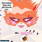 anthro blush chest_tuft cross_pupils female fur markings orange_body orange_fur pregnancy_test purple_markings red_eyes smile solo speech_bubble tuft dreiden bandai_namco digimon dreiden_dorian digimon_(species) domestic_cat felid feline felis mammal meicrackmon 1:1 absurd_res hi_res