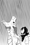 ambiguous_gender biped black_hair clothed clothing duo eyebrows eyes_closed feral hair mouth_closed open_mouth quadruped raining sharp_teeth standing teeth tongue tongue_out wet wings dragonniar mythology yummy_rain_(meme) dragon human mammal mythological_creature mythological_scalie scalie 2024 2:3 absurd_res hi_res meme monochrome