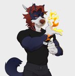 anthro elemental_manipulation fire fire_manipulation grumpy horn lighter looking_at_another looking_at_viewer male serious serious_face solo sportswear superhero superpower fenzole_(artist) igny_superstar sebastian_brighton_(walk-w-igny) canid canine canis mammal wolf hi_res