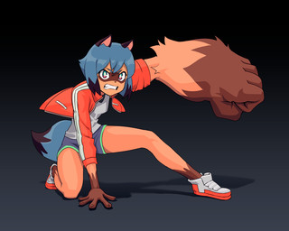 anthro bottomwear clenched_teeth clothing female footwear gorilla_arm jacket red_clothing red_jacket red_topwear shirt shoes shorts tail teeth topwear emiladylbekuulu brand_new_animal studio_trigger michiru_kagemori canid canine mammal raccoon_dog tanuki 5:4 hi_res
