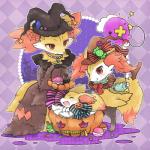 anthro evolutionary_family eyes_closed female food fruit group inner_ear_fluff orange_eyes plant pumpkin red_eyes ribbons stick tuft biyon nintendo pokemon braixen canid canine delphox drifloon fennekin generation_4_pokemon generation_6_pokemon mammal pokemon_(species) 1:1