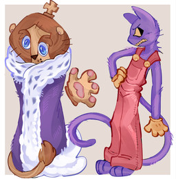 barefoot blue_eyes chess_piece clothing detached_hand duo eyebrows feet frown fur gloves handwear king_(chess) male mane overalls pink_clothing pink_overalls pupils purple_body purple_clothing purple_fur purple_tail robe robe_only slit_pupils tail tail_tuft tan_body tan_fur thick_eyebrows triangle_nose tuft white_body white_fur white_sclera yellow_clothing yellow_gloves yellow_handwear yellow_sclera ruby_thursda7 glitch_productions the_amazing_digital_circus jax_(tadc) kinger_(tadc) domestic_cat felid feline felis lion mammal pantherine hi_res trans_(lore) trans_woman_(lore)