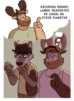 anthro antlers arm_hair beard body_hair chest_hair clothing dialogue eating entwined_arms eyewear facial_hair glasses half-closed_eyes hat headgear headwear horn male male/male male_anthro narrowed_eyes shirt sub_sandwich tank_top text thought_bubble topwear wide_eyed nardodraws leo_(nardodraws) rodney_(nardodraws) tom_(nardodraws) canid canine canis deer mammal moose new_world_deer wolf spanish_text translated