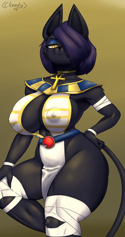 accessory anthro bandage big_breasts big_butt black_body black_fur breasts butt clothing collar cross egyptian egyptian_clothing female folded_legs fur hair hand_on_hip hand_on_leg looking_at_viewer looking_from_above nipple_outline purple_hair simple_background solo stern_look tail thick_thighs usekh wide_hips yellow_eyes claudywewe in_heat_(game) nile_(in_heat) domestic_cat felid feline felis mammal hi_res