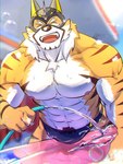 abs anthro bubble bulge car_wash clothing fur male mask muscular muscular_anthro nipples pecs pubes solo speedo striped_body striped_fur stripes superhero swimwear water water_hose katoributa_a lifewonders live_a_hero ryekie_(live_a_hero) felid mammal pantherine tiger 3:4 hi_res