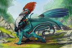 ambiguous_gender black_body black_claws black_feathers blue_body blue_eyes blue_scales claws duo feathers feral grass horn orange_horn plant rock scales white_body white_feathers white_scales keltaan european_mythology greek_mythology mythology avian dragon hippogriff mythological_avian mythological_creature mythological_scalie scalie hi_res