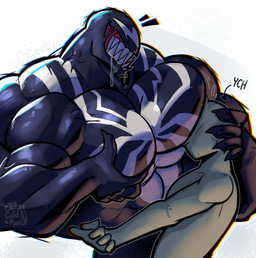 anthro big_muscles black_body bodily_fluids duo face_in_pecs huge_muscles male male/male muscular muscular_anthro muscular_male pec_grab pec_smothering pecs saliva sharp_teeth smothering teeth its_coldpizza marvel anon venom_(marvel) alien human mammal monster hi_res