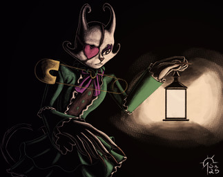 anthro bow_ribbon claws clothing dress eye_patch eyewear female fur lamp lantern safety_pin solo white_body white_fur sacrificabominat psycho_pass spooky_boogie domestic_cat felid feline felis mammal absurd_res hi_res