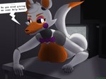 2024 4:3 absurd_res animatronic anthro artist_name big_breasts big_butt bow_tie breast_squish breasts butt canid canine claws curvy_figure dark_sclera dialogue digital_media_(artwork) electronics ellipsis english_text eyebrows female five_nights_at_freddy's five_nights_at_freddy's_world fox furniture glowing glowing_eyes head_tuft hi_res inside lips lolbit_(fnaf) machine mammal monitor mostly_nude multicolored_body on_table robot scottgames segmented_body shaded signature sister_location solo speech_bubble squish stuck table tail talking_to_viewer text thick_bottom_lip through_screen tuft unregistereduser voluptuous