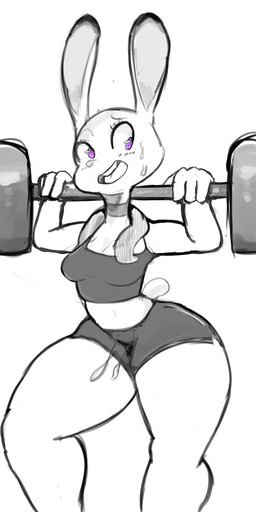 anthro barbell big_breasts bodily_fluids bottomwear bra breasts buckteeth cleavage clothed clothing dolphin_shorts exercise female long_ears midriff navel purple_eyes shirt shorts simple_background solo sports_bra standing sweat teeth thick_thighs topwear underwear weightlifting weights white_background wide_hipped_female wide_hips workout imago_ic disney zootopia judy_hopps lagomorph leporid mammal rabbit 2_frame_animation 2d_animation animated animated_gif hi_res short_playtime