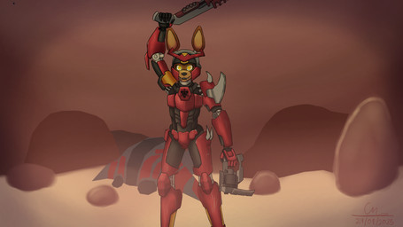 anthro biped front_view ghost_vehicle_(halo) machine male mangler_(weapon) mutilator_(weapon) red_body solo standing wasteland weapon cmaster1987 halo_(series) microsoft xbox_game_studios c730_(cmaster1987) canid canine mammal robot absurd_res hi_res spanish_description