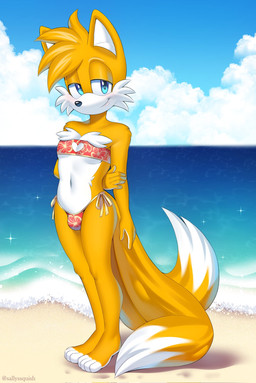 4_toes anthro bandeau_bikini barefoot beach bikini breasts bulge cheek_tuft clothing countershade_face countershade_feet countershade_hands countershade_torso countershading crossgender dipstick_tail facial_tuft feet fingers fur gynomorph hair half-closed_eyes head_tuft intersex looking_at_viewer markings mtg_crossgender mti_crossgender narrowed_eyes navel outside paws plantigrade red_bikini red_clothing red_swimwear seaside side-tie_bikini smile solo standing string_bikini swimwear tail tail_markings toes tuft two-piece_swimsuit water white_body white_countershading white_fur white_inner_ear white_tail_tip yellow_body yellow_fur squish_(artist) sega sonic_the_hedgehog_(series) miles_prower canid canine fox mammal digital_media_(artwork) hi_res