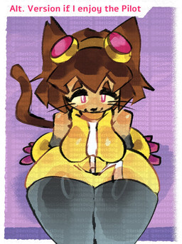 anthro big_breasts black_nose border bottom_heavy breasts brown_body brown_fur brown_hair clothed clothing dress eyelashes eyewear eyewear_on_head female fur goggles goggles_on_head grey_clothing grey_legwear hair legwear looking_at_viewer pink_eyes purple_background short_hair simple_background sitting solo text thick_thighs whiskers white_border wide_hips yellow_clothing yellow_dress berkdolg gameoverse glitch_productions kit_bodega domestic_cat felid feline felis mammal english_text hi_res