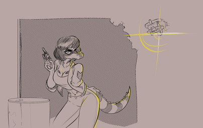amputee anthro army_uniform barrel black_hair breasts cleavage clothed clothing disability female gun hair handgun jacket machine markings missing_arm multicolored_body navel ranged_weapon revolver shirt simple_background sneaking solo spiked_tail spikes spikes_(anatomy) tail tank_top topwear two_tone_body weapon protonmono cavemanon_studios snoot_game shannon_(snoot_game) baryonyx dinosaur prehistoric_species reptile scalie spinosaurid theropod digital_drawing_(artwork) digital_media_(artwork) monochrome