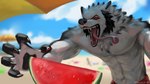 5_fingers anthro beach black_body black_fur black_lips blurred_background bottomwear claws clothed clothing detailed_food fangs fingers food fruit fur grey_body grey_fur lips male melon muscular muscular_anthro muscular_male open_mouth outside plant red_clothing red_eyes seaside solo swimming_trunks swimwear teeth tongue tongue_out topless tropical watermelon watermelon_slice white_body white_fur geewolf canid canine canis mammal wolf 16:9 2020 detailed hi_res widescreen