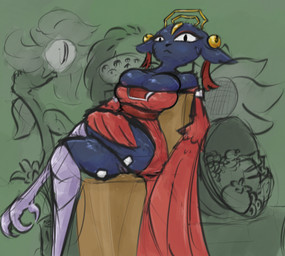 anthro areola areola_slip blue_body breasts clothed clothing cornucopia ear_piercing eyelashes female floppy_ears forehead_gem fur gem genitals halo leg_over_thigh looking_at_viewer makeup piercing prosthetic prosthetic_leg prosthetic_limb simple_background sitting solo tight_clothing vulva alexleviafan european_mythology greek_mythology mythology nine_sols red_candle_games goumang_(nine_sols) avian felid feline harpy mammal mythological_avian mythological_creature solarian