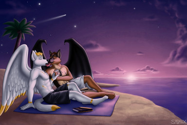 anthro beach black_body black_fur blonde_hair book brown_body brown_fur brown_hair clothed clothing cloud countershading detailed_background duo feathered_wings feathers fur hair hand_holding jewelry kissing male male/male markings membrane_(anatomy) membranous_wings metallic multicolored_body multicolored_fur necklace night notebook on_towel outside pencil_(object) plant romantic romantic_ambiance romantic_couple sand sea seaside shooting_star sitting sky star starry_sky sunset tail tan_body tan_fur tattoo tongue topless towel tree water white_body white_fur wings wood yellow_markings sigma_x nex_anima_canis zeeme canid canine canis domestic_dog german_shepherd herding_dog mammal pastoral_dog wolf 2011 3:2 digital_media_(artwork)