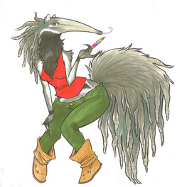 anthro black_eyes boots bottomwear candy clothing denim denim_bottomwear denim_clothing dessert dreadlocks female food footwear fur grey_body grey_fur jeans long_snout long_tongue looking_at_viewer pants shoes simple_background snout solo tail tongue white_background roux_(artist) tomhoshino anteater giant_anteater mammal pilosan xenarthran