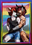 anthro arm_wraps black_hair black_sclera bottomwear brown_body brown_fur brown_hair brown_stripes cheek_tuft clothing duo facial_tuft fur hair half-closed_eyes kissing lgbt_pride male narrowed_eyes pride_colors rainbow_flag rainbow_pride_colors rainbow_pride_flag rainbow_symbol red_hair shirt shorts striped_body striped_fur stripes tank_top topwear tuft white_body white_fur wraps bleats rennmouse hyena mammal mouse murid murine rodent striped_hyena hi_res