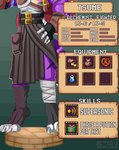 alchemist anthro belt bottomwear clothing dragusmorh equipment food fur headless inventory item_slot kilt level_difference level_number male number pockets pretzel_(food) purple_body purple_fur solo stats tall text white_fingers vainilla_latte dungeons_and_dragons hasbro wizards_of_the_coast tsume_yifu canid canine canis hybrid hyena mammal wolfdog absurd_res character_name english_text hi_res