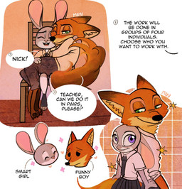 accessory anthro bench bottomwear clothing dialogue duo female green_eyes heart_symbol looking_at_another male necktie purple_eyes school school_uniform sitting skirt smile speech_bubble tail text uniform m_mayu_uu disney zootopia judy_hopps nick_wilde canid canine european_rabbit fox lagomorph leporid mammal oryctolagus rabbit red_fox true_fox english_text signature