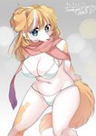 anthro big_breasts bikini blue_eyes breasts cleavage clothed clothing female female_anthro floppy_ears fur hands_behind_back kemono looking_at_viewer multicolored_body multicolored_fur scarf smile smiling_at_viewer solo swimwear tail text two-piece_swimsuit two_tone_body two_tone_fur white_body white_fur yellow_body yellow_fur lemoco inu-chan_(kim_3022) canid canine canis domestic_dog mammal 2021 digital_media_(artwork) hi_res japanese_text portrait shaded signature three-quarter_portrait translated